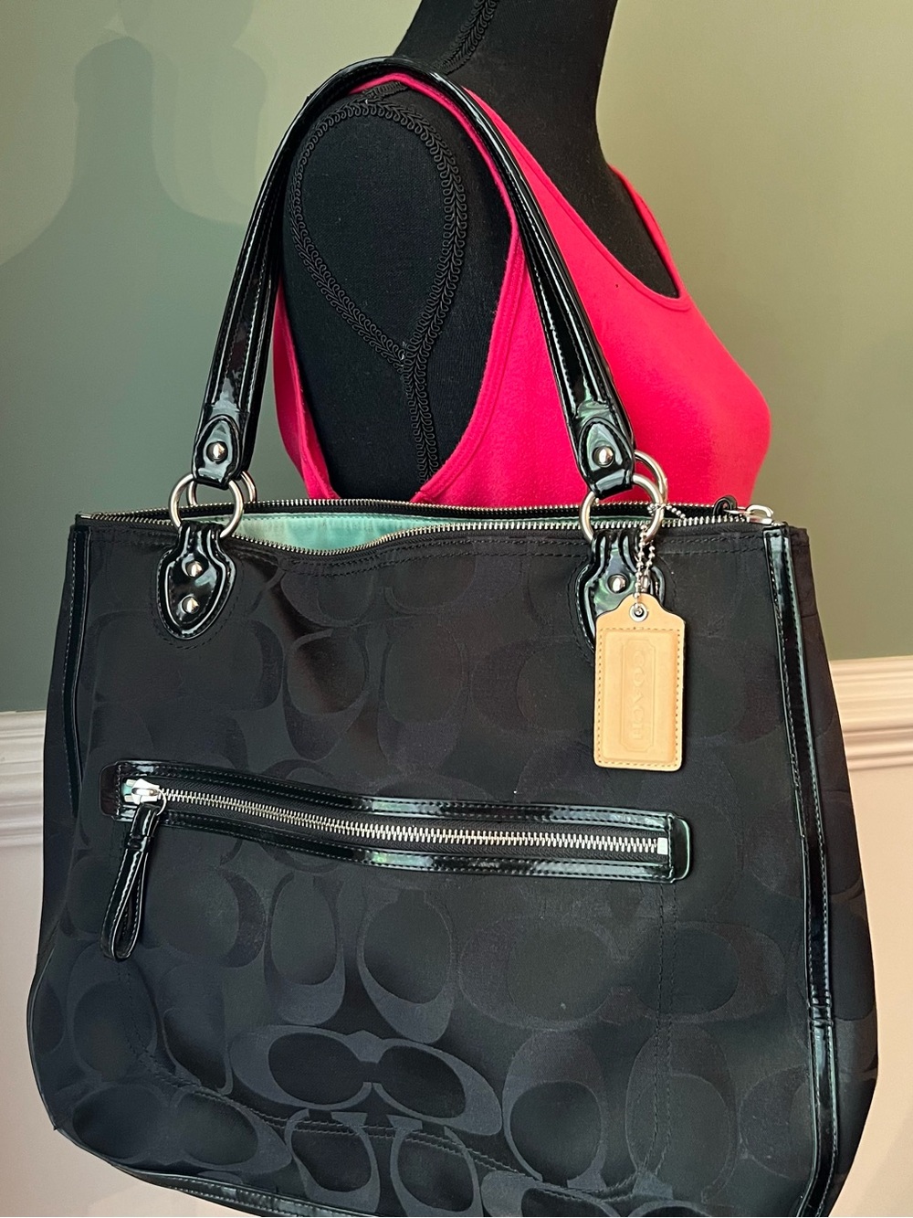 Coach Black Signature Canvas Tote with Patent Trim and Tan Tag